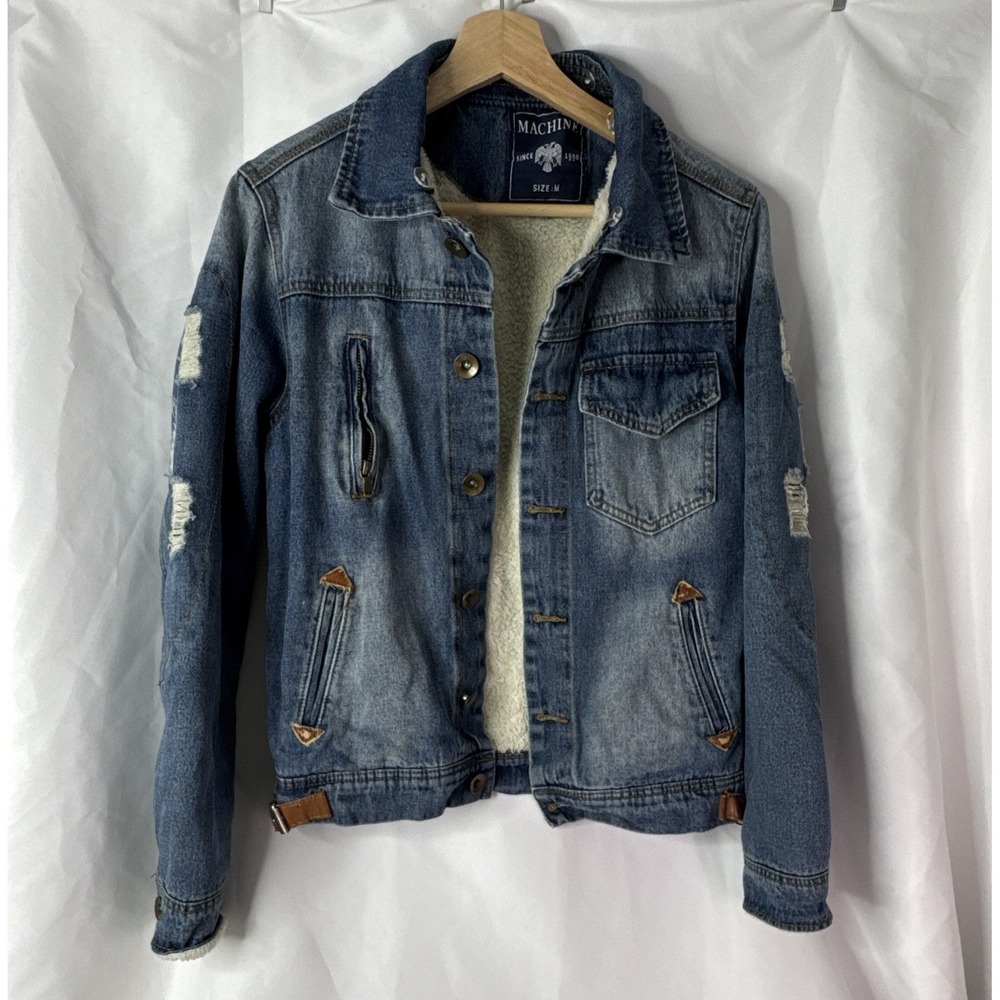 Machine Women's Sherpa Lined Denim Bomber Jacket. Faux Leather Accents. M